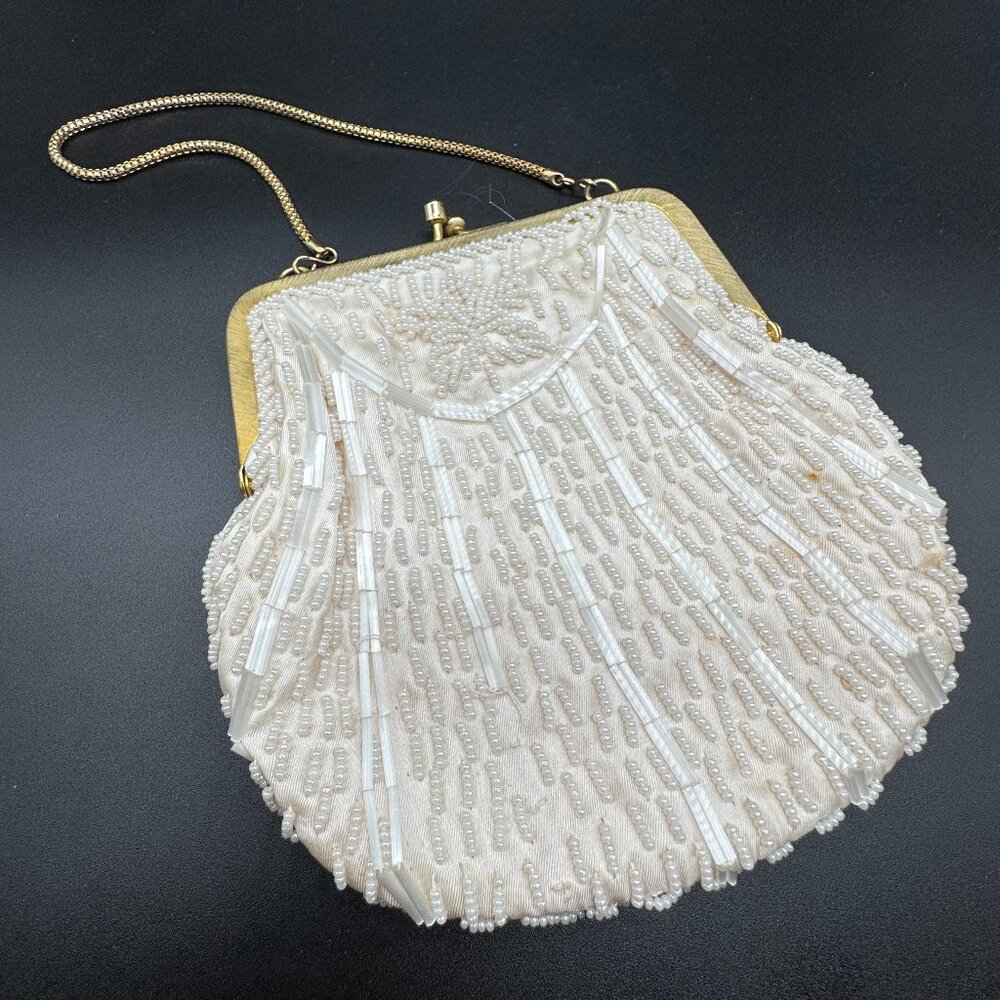 Vintage Beaded Evening Purse Handbag White and Gold Kiss Lock Closure *read*